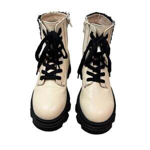 London Rebel Ivory Chunky Platform Lace-Up Combat Boots with Faux Fur Trim